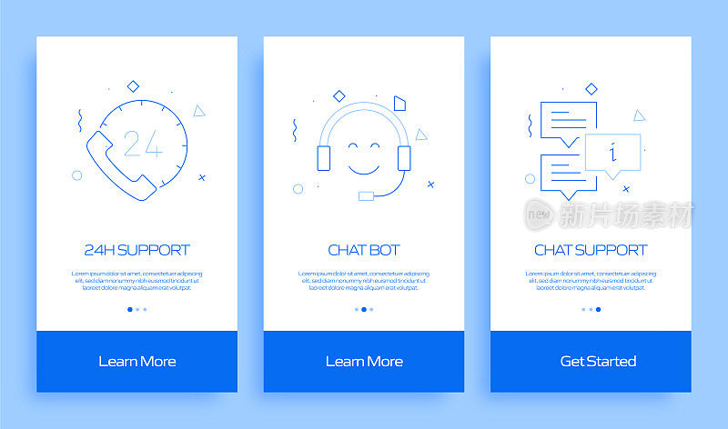 帮助和支持概念Onboarding移动应用程序页面屏幕与平面图标。UX, UI设计模板矢量插图